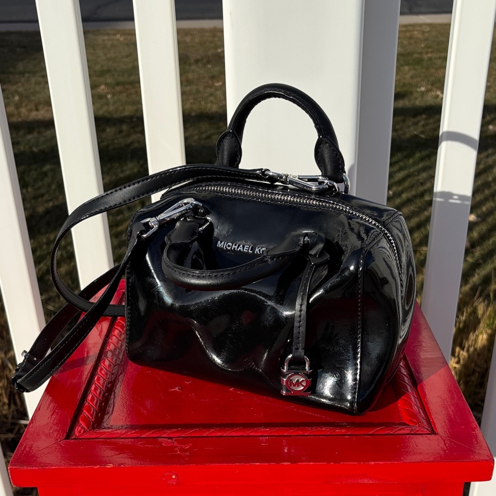 Michael Kors Black Patented Leather Mini Satchel w/ Cross Body Strap